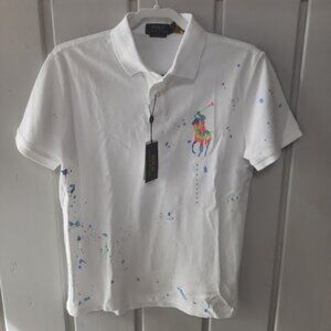 Polo Ralph Lauren Men's Cotton Mesh Rainbow Polo Pony Paint Splatter Polo Shirt